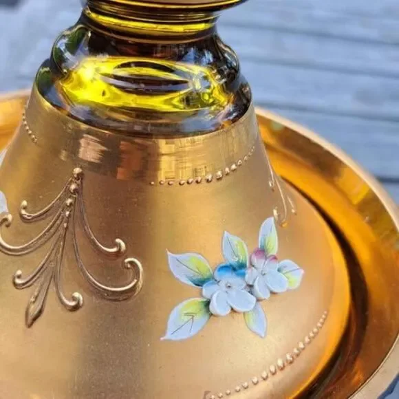 Antique BOHEMIAN Gold Gilt ENAMEL Amber Glass PEDESTAL Candy Jar Dish W/Lid - Picture 2 of 7